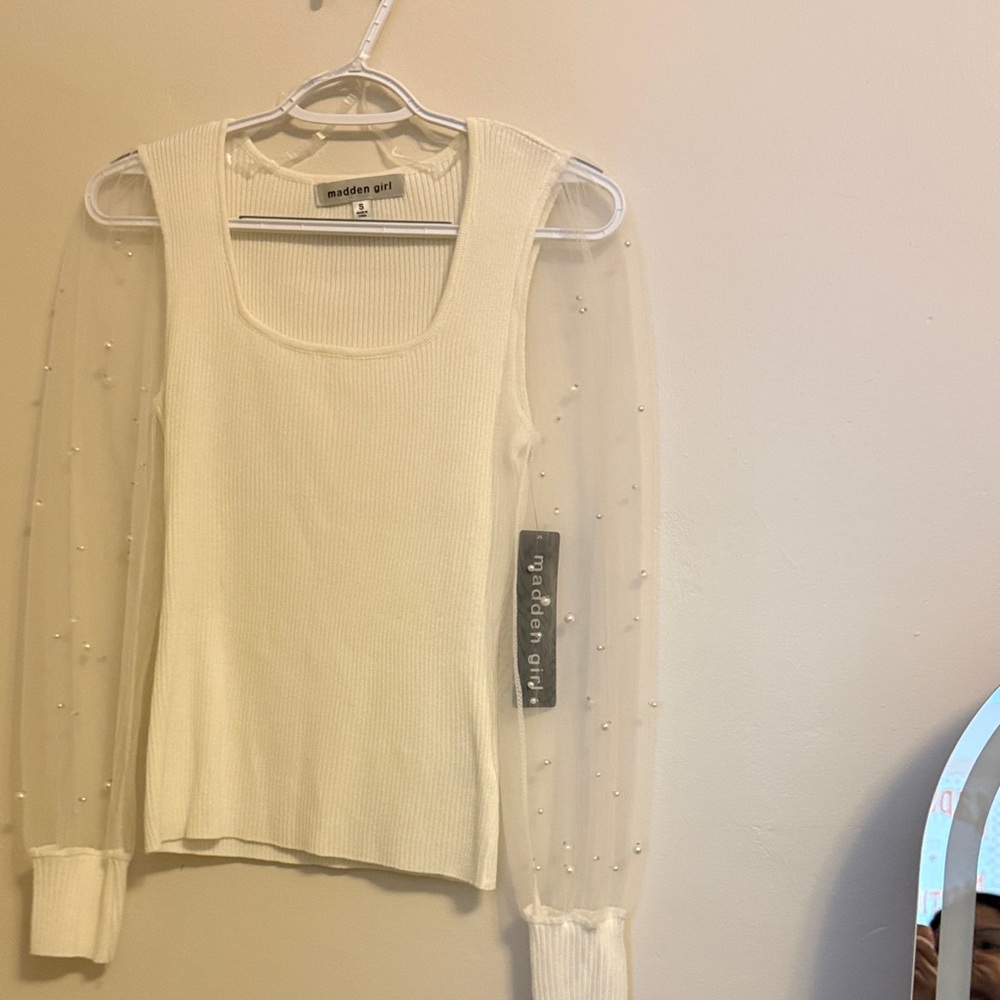 Madden Girl Cream Ribbed Top with Sheer Sleeves